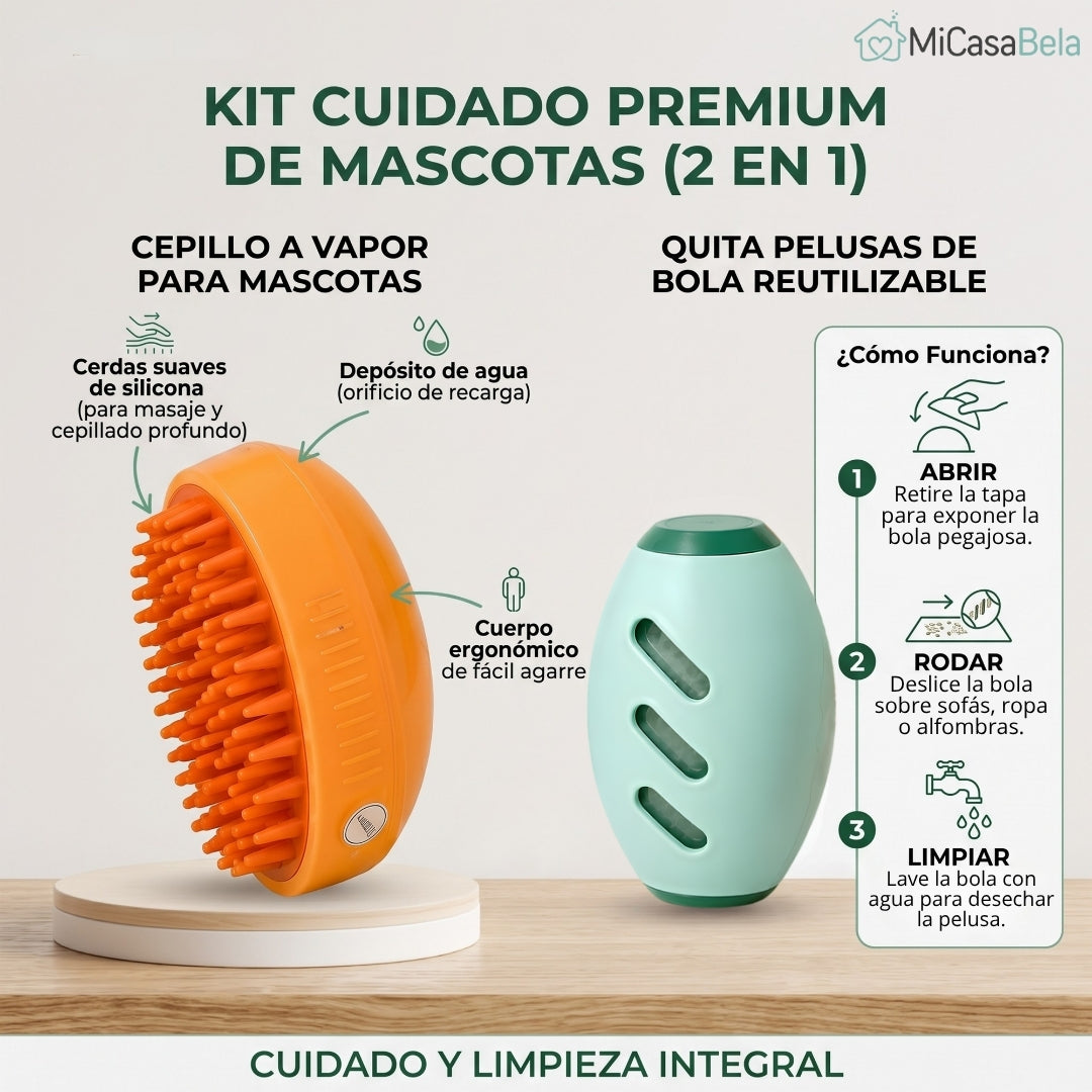 Kit Cuidado Premium 2 en 1: Cepillo a Vapor + Removedor de Pelos